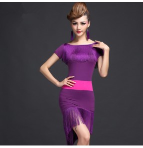 Royal Blue violet purple black red short sleeves women ladies female fringes competition professional latin samba salsa cha cha dance dresses