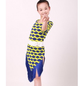 Royal blue yellow fuchsia green and black patchwork wave printed pattern round neck fringes girls kids child children girl's short sleeves latin salsa cha cha dance dresses