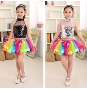 Silver black sequined paillette sleeveless rainbow multi colored tutu  skirts  backless summer spring stage performance girls kids child children modern dance jazz ds dj singer jazz dance costumes dresses 