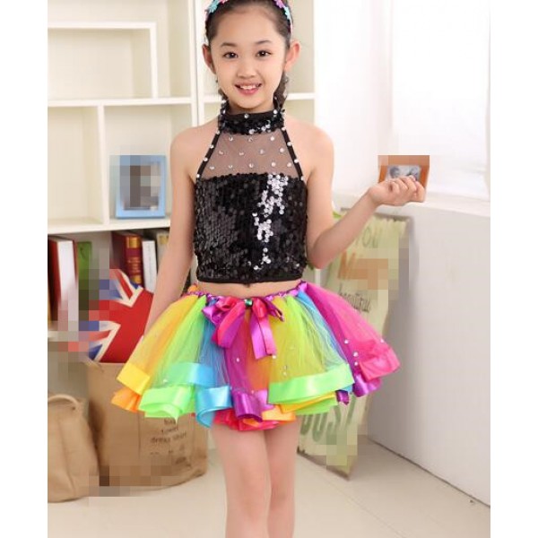 Silver black sequined paillette sleeveless rainbow multi colored tutu skirts backless summer spring stage performance girls kids child children modern