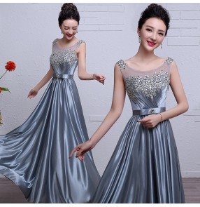 Silver gray satin fabric lace rhinestones A line women's ladies female fashion bandage back long length wedding party bridesmaid wedding party evening dresses gown vestidos 