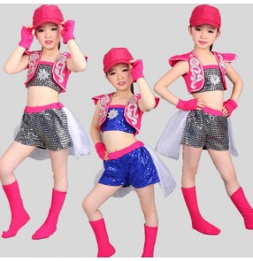 Silver hot pink fuchsia patchwork royal blue sequined girls kids child children toddlers growth teen jazz dance costumes outfits hip hop dance costumes 