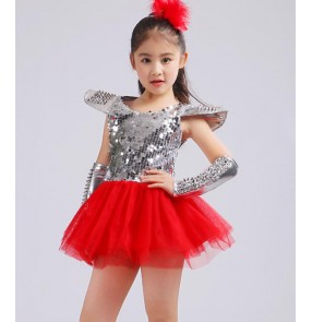 Silver red patchwork paillette competition stage performance girls kids child children toddlers growth jazz dance modern dance ds singer hip hop dance costumes dresses 
