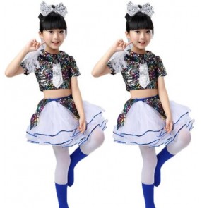Silver sequined white patchwork girls kids child toddlers baby growth teen modern dance hip hop jazz dance costumes dresses sets