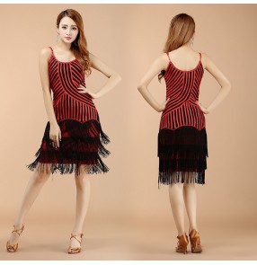 Striped black and Red white and black blue and black patchwork sexy fashionable womens women's ladies female strap sleeveless competition practice gymnastics fringe tassels latin samba salsa cha cha dance dresses
