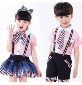 Striped England  light pink and navy patchwork style kindergarten girls kids children boys school uniforms cosplay modern dance chorus stage performance costumes clothes  