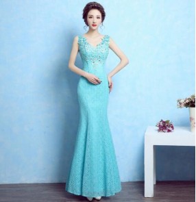 Turquoise blue lace applique flowers with rhinestones sleeveless v neck fashion women's mermaid long length wedding party gown bridesmaid evening dresses vestidos 
