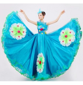 Turquoise blue yellow gold fuchsia hot pink women's womens ladies female one shoulder flower flamenco modern dance opening dance big swing hem stage performance chorus dance play dresses 540degrees