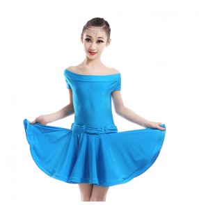 Turquoise colored children kids child girls cap sleeves boat neck swing skirts competition professional leotard latin ballroom salsa cha cha dance dresses