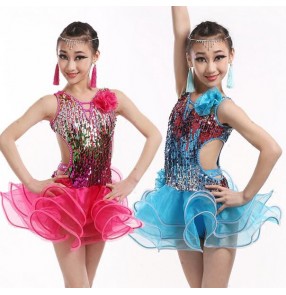 Turquoise fuchsia blue hot pink paillette multi colors rainbow color sequined girls kids child children growth latin salsa ballroom chacha dance dresses 