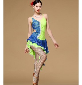 Turquoise fuchsia hot pink red yellow gold neon green royal blue patchwork lace backless women's ladies female latin samba salsa cha cha dance dresses