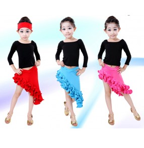 Turquoise fuchsia red and black patchwork Girls children child kids baby long sleeves competition latin dance dress sets top and ruffles irregular hem skirts