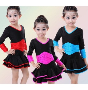 Turquoise fuchsia red patchwork long sleeves girls kids child children competition professional latin samba salsa cha cha dance dresses