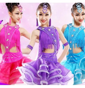 Turquoise fuchsia violet purple girls kids child children toddlers rhinestones competition professional latin samba salsa cha cha ballroom dance dresses 