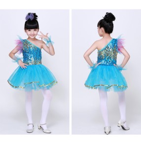 Turquoise green Girls kids child children baby one shoulder sequins tulle paillette modern dance exercises stage performance jazz dance costumes dresses 