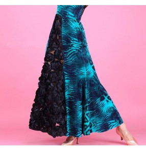 Turquoise leopard printed black appliques rose flowers patchwork long length women's ladies female competition professional flamenco ballroom tango waltz dance skirts