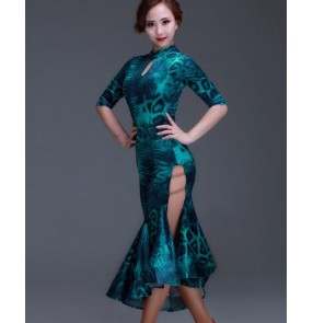 Turquoise printed leopard colored women's ladies female middle long sleeves turtle neck cheongsam leotard tops split set competition professional latin samba cha cha rumba dance dresses set