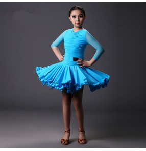 Turquoise red black short sleeves Girls kids child children middle long mesh sleeves swing hem skirts competition ballroom latin dance dresses