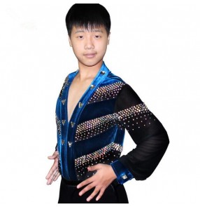 Turquoise royal blue black red patchwork rhinestones velvet   v neck long sleeves boys kids child children toddlers competition gymnastics professional practice latin ballroom dance dresses shirts tops 