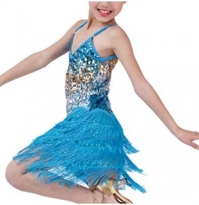 Turquoise royal blue light pink red black sequined paillette girls kids child children strap  toddlers growth baby  fringes latin salsa cha cha rumba dance dresses