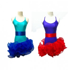 Turquoise violet patchwork sleeveless strap girls kids competition professional backless latin samba cha cha dance dresses