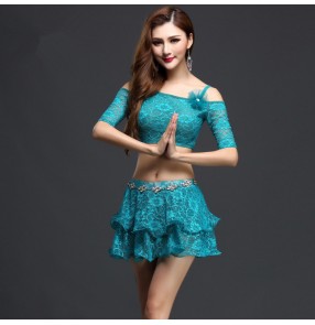 Turquoise white coral lace colored dew shoulder womens ladies women's competition professional practice indian belly dance costumes dresses  split set tops and skirt with diamond chain