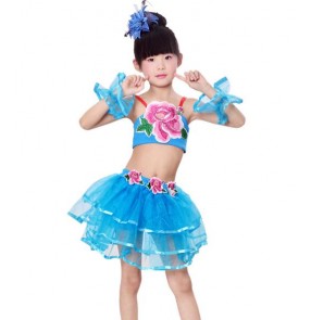 Turquoise yellow  floral vintage gold sleeveless backless girls kids child children sequined paillette flower modern dance latin stage performance jazz dance salsa cha cha rumba dance dresses