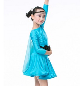 Turquoise yellow fuchsia red black colored girls kids child children baby long sleeves swing hem skirt competition professional latin ballroom dance dresses with bowknot sashes