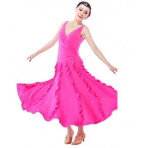 V neck ruffle full skirt sleeveless long ballroom dance dress fuchsia 