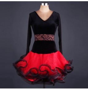 Velvet  with lace long sleeves v neck black and red patchwork competition women's ladies female professional performance ballroom latin dance dresses costumes outfits