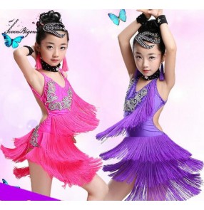 Violet fuchsia neon green sleeveless backless tassels diamond girls kids child children toddlers competition gymnastics practice latin samba cha cha rumba salsa ballroom dance dresses