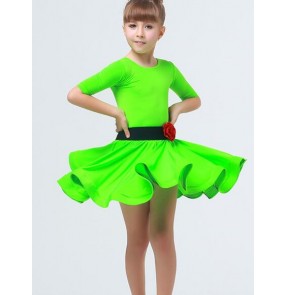 Violet fuchsia red neon green Girls kids children middle long sleeves ballroom dance dresses latin dance dresses 110-160cm