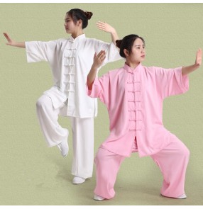 Violet gray silver purple light pink ivory yellow linen material short sleeves women's ladies female performance chinese folk style  performance short sleeves kung fu  sports martial dance costumes oufits  