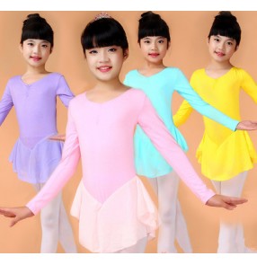 Violet pink blue yellow colored girls kids child children toddlers long sleeves practice  chiffon skirts professional gymnastics latin samba cha cha dance dresses
