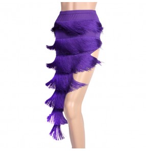 Violet purple black red royal blue long irregular layers fringes women's ladies female competition performance professional latin salsa cha cha rumba samba dance skirts dresses