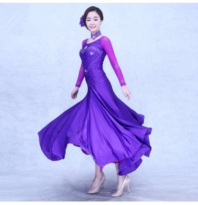 Violet purple fuchsia black red turquoise diamond long sleeves round neck competition practice professional ballroom waltz tango dance dresses