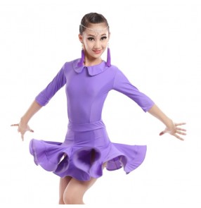 Violet purple mint red middle long sleeves spandex girls kids children school play competition latin ballroom dance dresses outfits