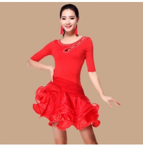 Violet purple red fuchsia royal blue short sleeves rhinestones diamond women's ladies female short sleeves spring summer ruffles skirts competition professional latin samba salsa cha cha dance dresses