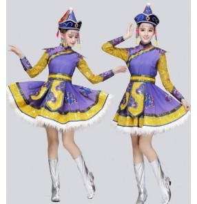 Violet purple yellow gold patchwork feather women's ladies female cos play Mongolian folk performance dancing outfits costumes dresses