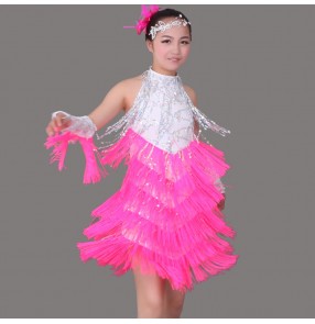 White black orange royal blue fuchsia red colored girls kids child children sequins paillette competition professional latin dance dresses