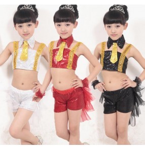 White black red colored girls kids child children toddlers kindergarten paillette split set stage performance modern dance jazz dj singer dance costumes