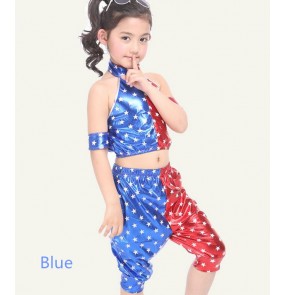 White blue red white patchwork stars printed pu leather Girls boys children child kids kindergarten toddlers stage performance modern dance jazz dj street dance hiphop costumes