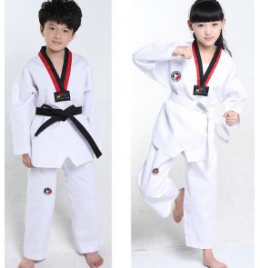 White colored boys girls stage performance cotton material long sleeves Judo Taekwondo Cos play gymnastics exercises practice costumes top and pants split set