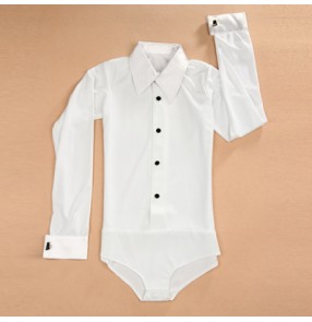 White colored boys kid children child baby competition long sleeves turn down collar latin jive ballroom  waltz tango dance leotard shirts tops