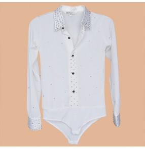 White colored boys kids child children baby rhinestones competition professional latin dance samba salsa leotard body dance cha cha shirts tops