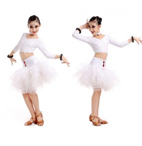 White colored  long lace sleeves girls kids child children baby competition professional split set ruffles skirt latin samba salsa cha cha dance dresses set 