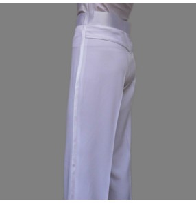 White colored men's mans mens male competition professional samba latin waltz tango rumba ballroom side hip  silk ribbon dance pants costumes 