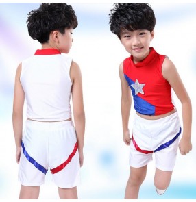 White patchwork royal blue patchwork sleeveless boys kids child children baby toddlers gymnastics stage performance cos play practice Cheer leading Dance costumes split set dresses 