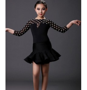 White polka dot  leopard patchwork colored girls kids  toddlers child children long sleeves competition professional latin ballroom dance dresses split sets