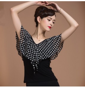 White polka dot ruffles neck and sleeves v neck sexy fashion women's ladies female competition performance professional latin ballroom tango waltz flamenco dresses tops blouses